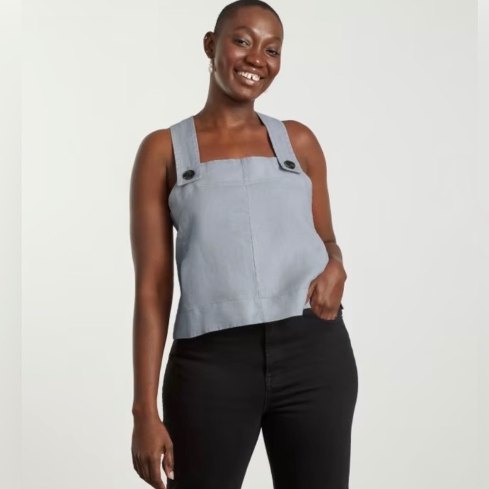 Everlane Linen Button Apron Tank Top Blue Grey Square Neck Crossover Back 00